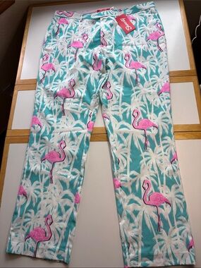 Shinesty 100% polyester  Flamingo Print Pants - Pink on Aqua Women Sz 42” 35”